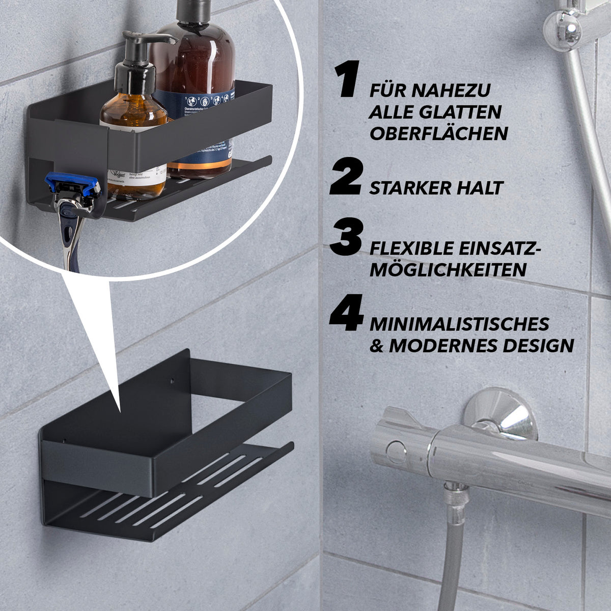 Dusch-Organizer zum Kleben oder Bohren - 2er-Set - Schwarz, robust, platzsparend mit modernem Design und starkem Halt für glatte Oberflächen.