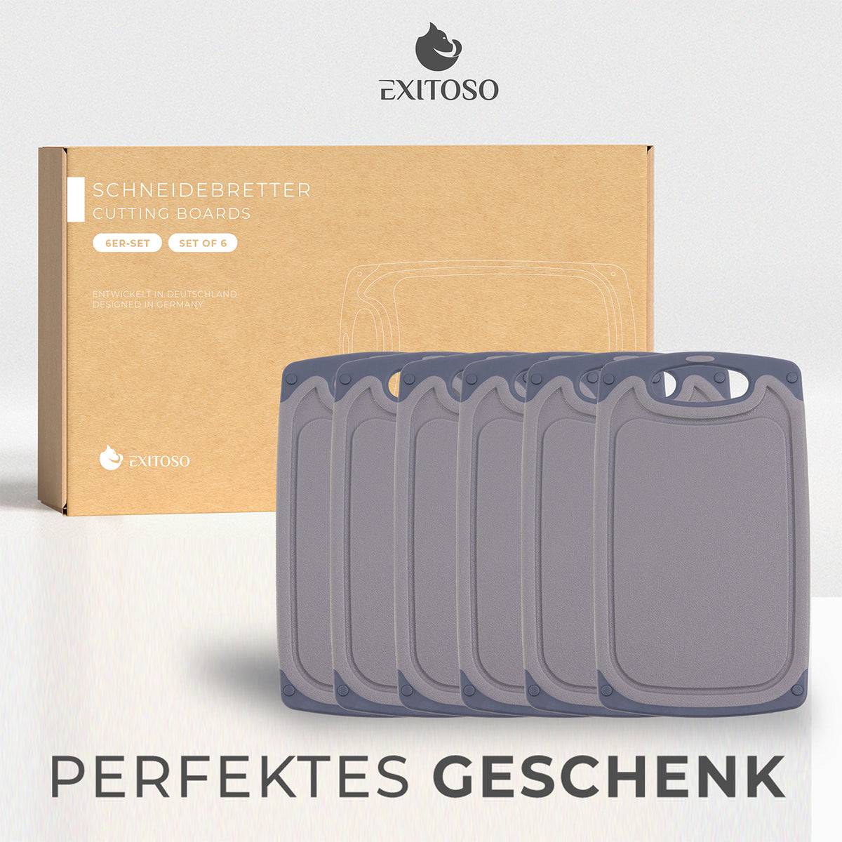 Frühstücksbrettchen - 6er-Set - Grau, rutschfest, BPA-frei, spülmaschinengeeignet, vielseitig, modernes Design mit Griff zum Aufhängen.