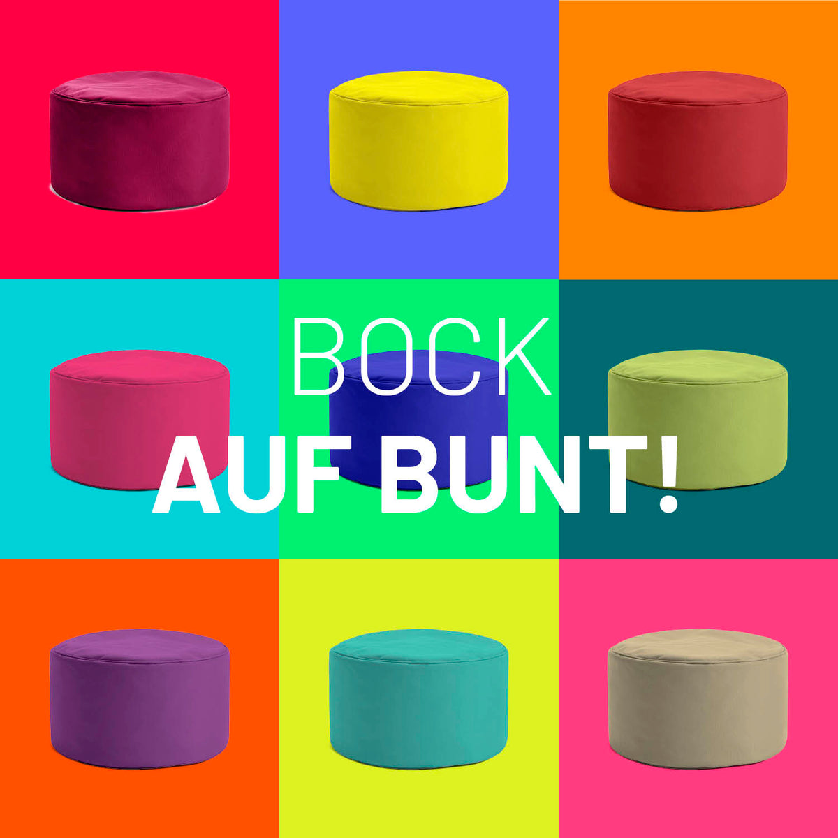 Sitzsack-Hocker/Pouf (50 L) - indoor & outdoor - Rotwein in bunten Varianten auf farbigen Hintergründen präsentiert.