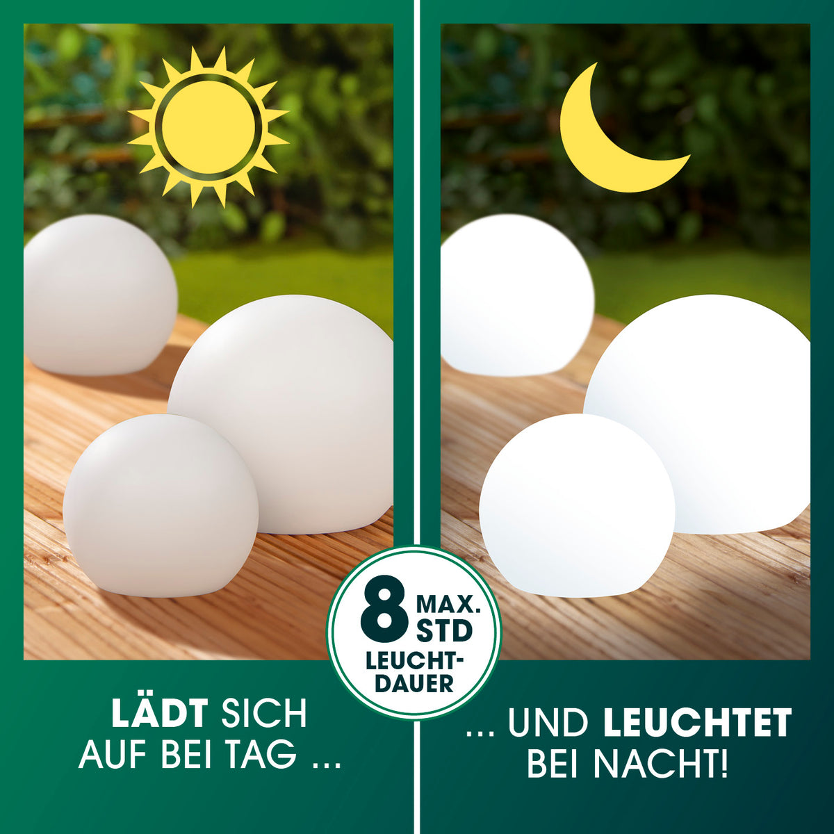 Solar-Dekokugel mit Farbwechsel - 4er-Set lädt tagsüber auf und leuchtet bis zu 8 Stunden in verschiedenen Farben nachts.