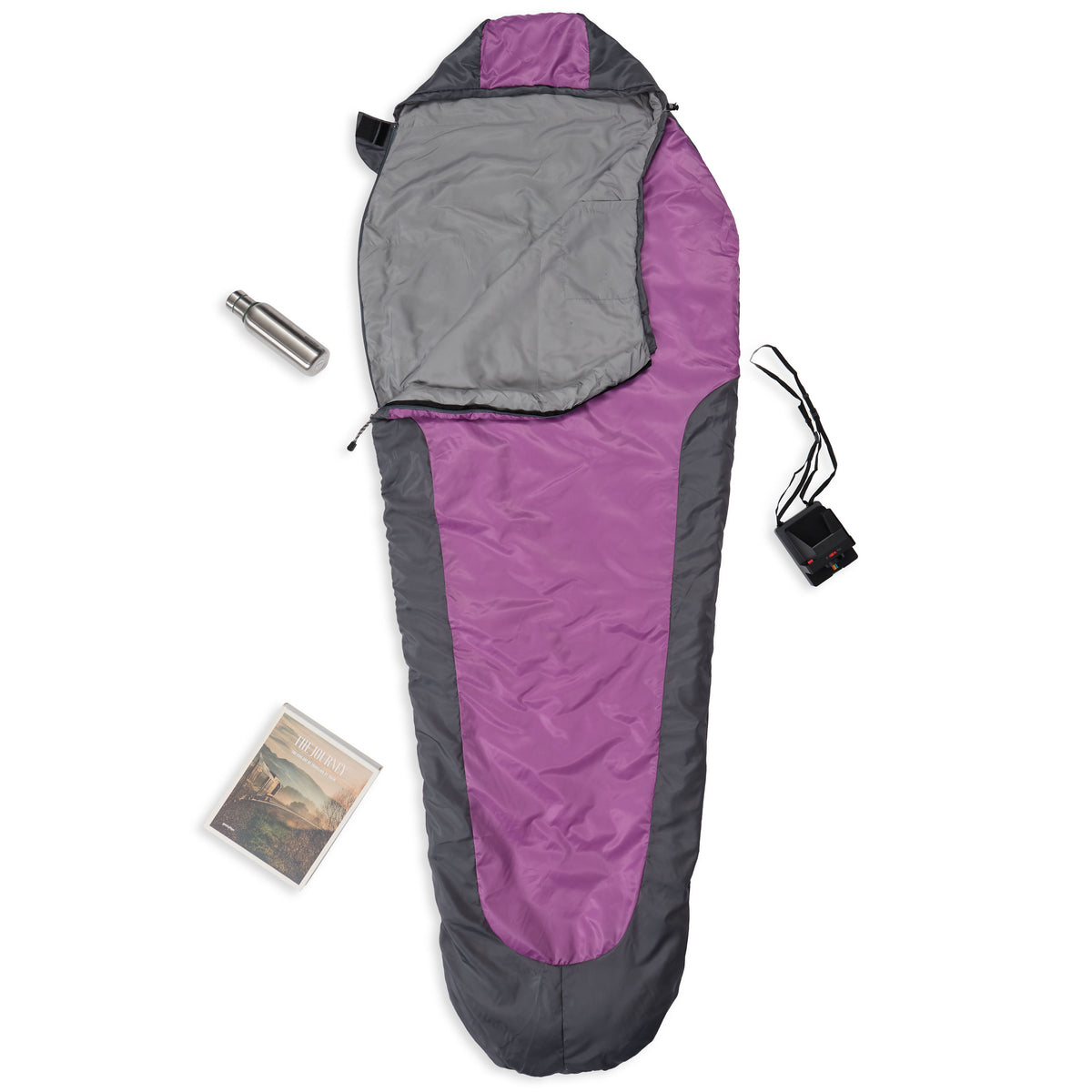 Camping Schlafsack Small & Light - Mumienschlafsack mit Tasche in Grau-Lila, wasserabweisend und mit extra Kissenfach.