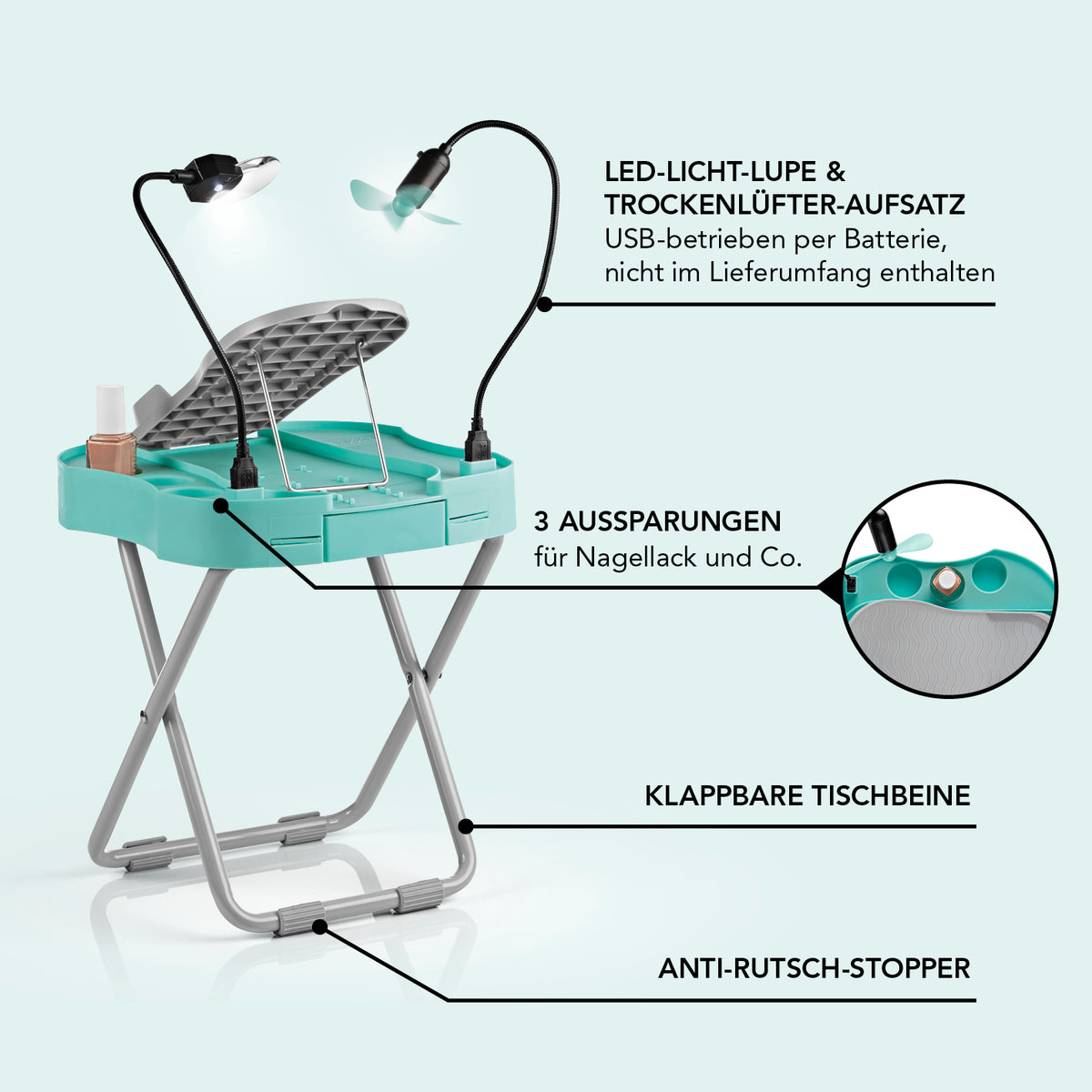 Fußstütze Pediküre Salon Step - mint/weiß mit LED-Licht-Lupe, USB-Trockenlüfter, klappbaren Tischbeinen und Anti-Rutsch-Stoppern.