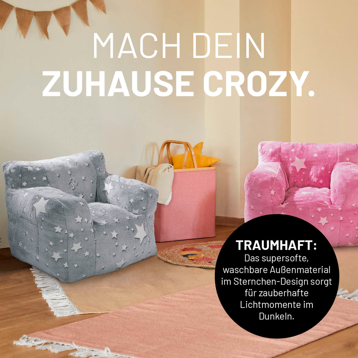 Sessel „Glow in the Dark“ - Pink mit leuchtendem Sternen-Design, weichem Material und praktischer Seitentasche für das Kinderzimmer.