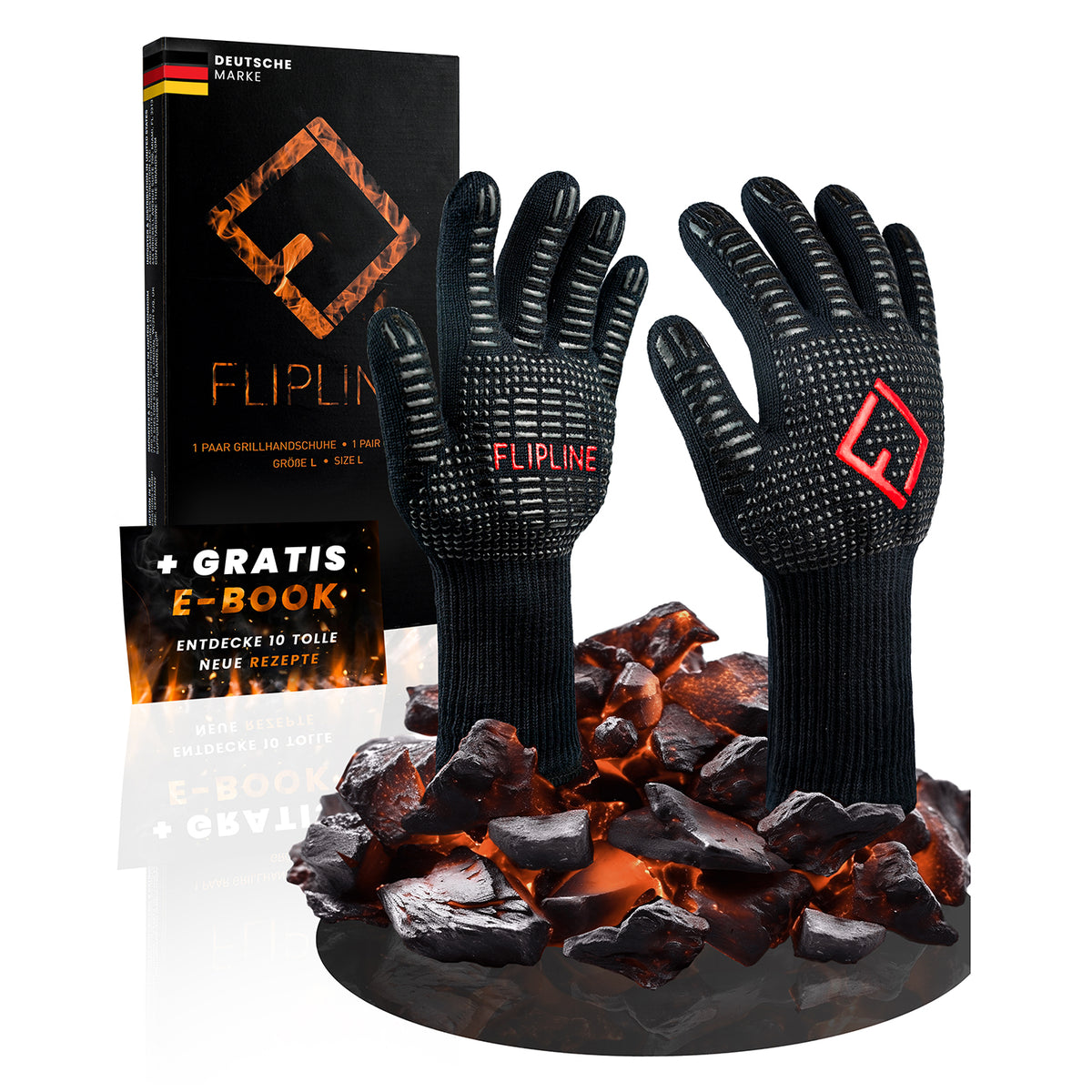 Grillhandschuhe - Größe L aus hitzebeständigen Aramidfasern mit Silikonbeschichtung für sicheren Griff und langem Unterarmschutz.