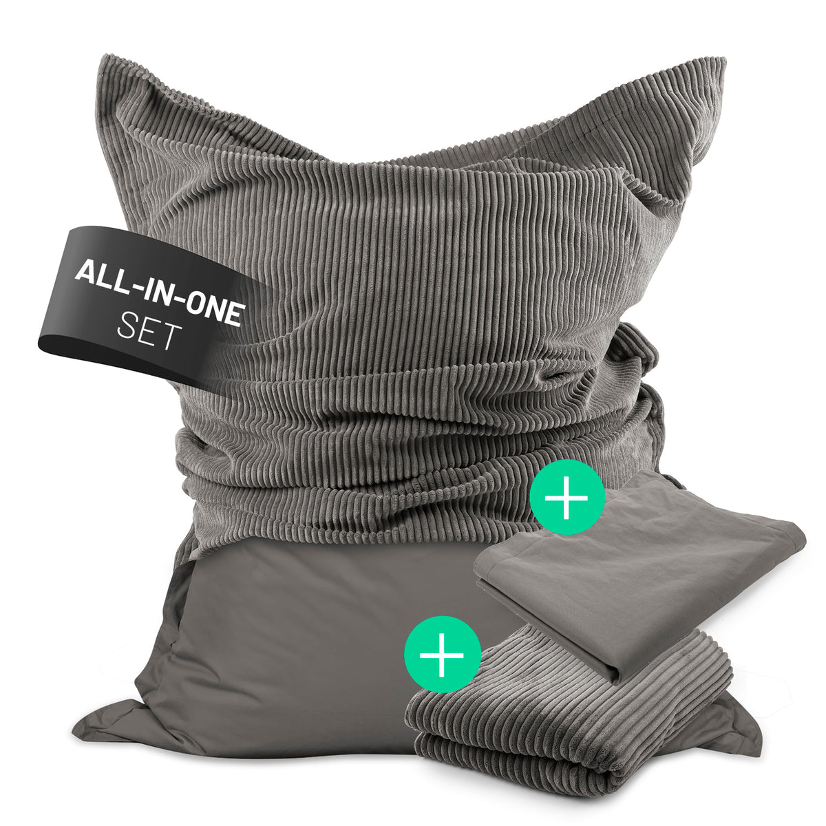 Sitzsack Classic XXL All-in-One Set - 380 L - 140 x 180 cm - Grau mit zwei Bezügen für innen und außen, robust und pflegeleicht.