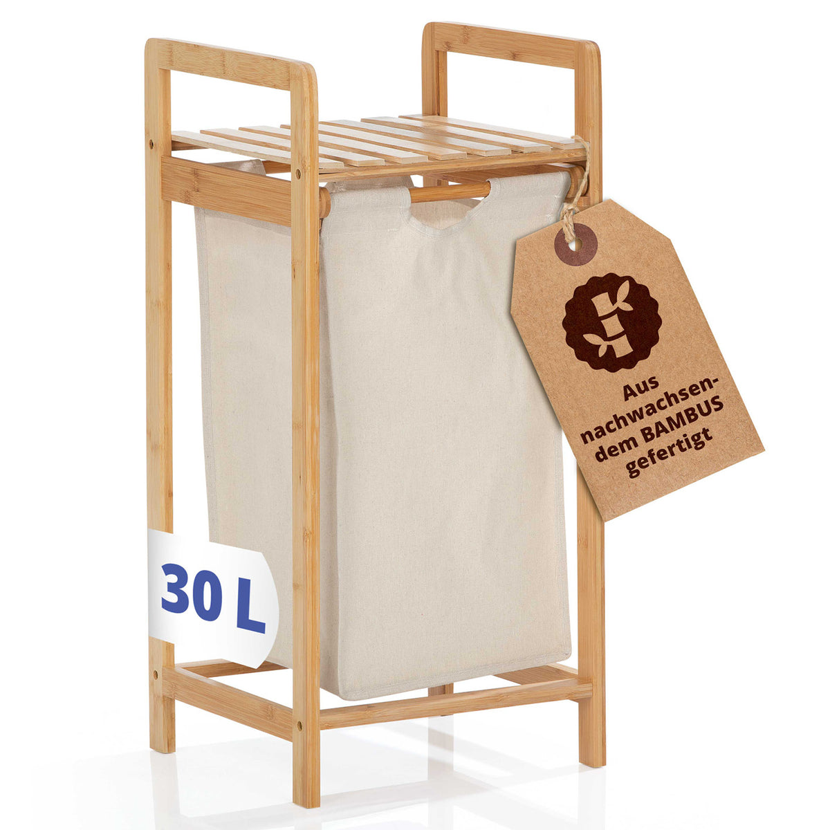 Bambus Wäschekorb mit ausziehbarem Wäschesack - 33x33x73 cm, beige, robust, stilvoll, pflegeleicht, 30 l Fassungsvermögen.