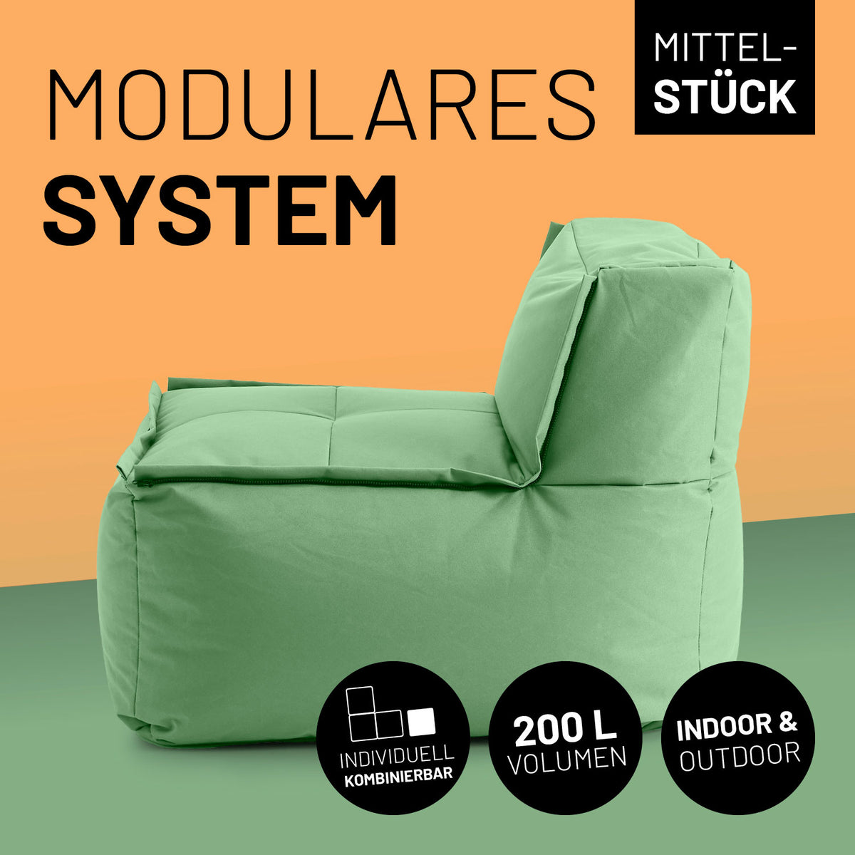 Sitzsack-Sofa Mittelstück (200 L) - Modulares System, indoor & outdoor, Pastell Grün, extragroß und langlebig mit Reißverschluss-Verbindung.