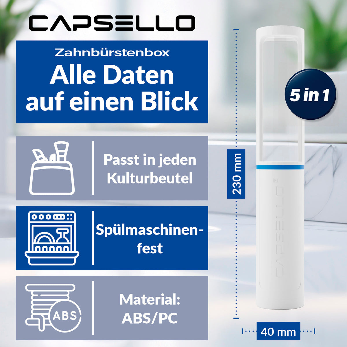 Zahnbürstenbox - weiß, 5-in-1 Funktion, spülmaschinenfest, kompakt, aus ABS/PC, ideal für Kulturbeutel und Reisen.