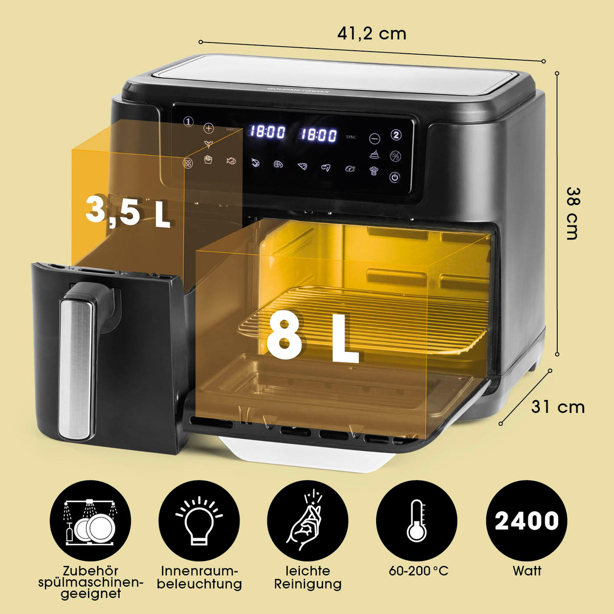 4-in-1-Heißluftfritteuse mit 3,5L Fritteuse und 8L Ofen, Touchdisplay, 10 Programmen, 60–200 °C, 2400 Watt Leistung.