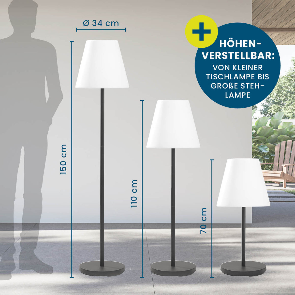 Solar-Stehlampe - 3-fach höhenverstellbar - 3 Helligkeitsstufen mit warmweißem Licht und kabellosem Solarbetrieb für Innen und Außenbereich.