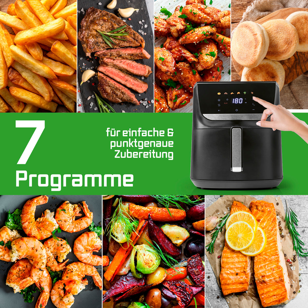 Heißluftfritteuse - 7,5 Liter mit 7 Programmen für fettarmes Frittieren von Pommes, Steak, Geflügel, Gemüse und mehr.