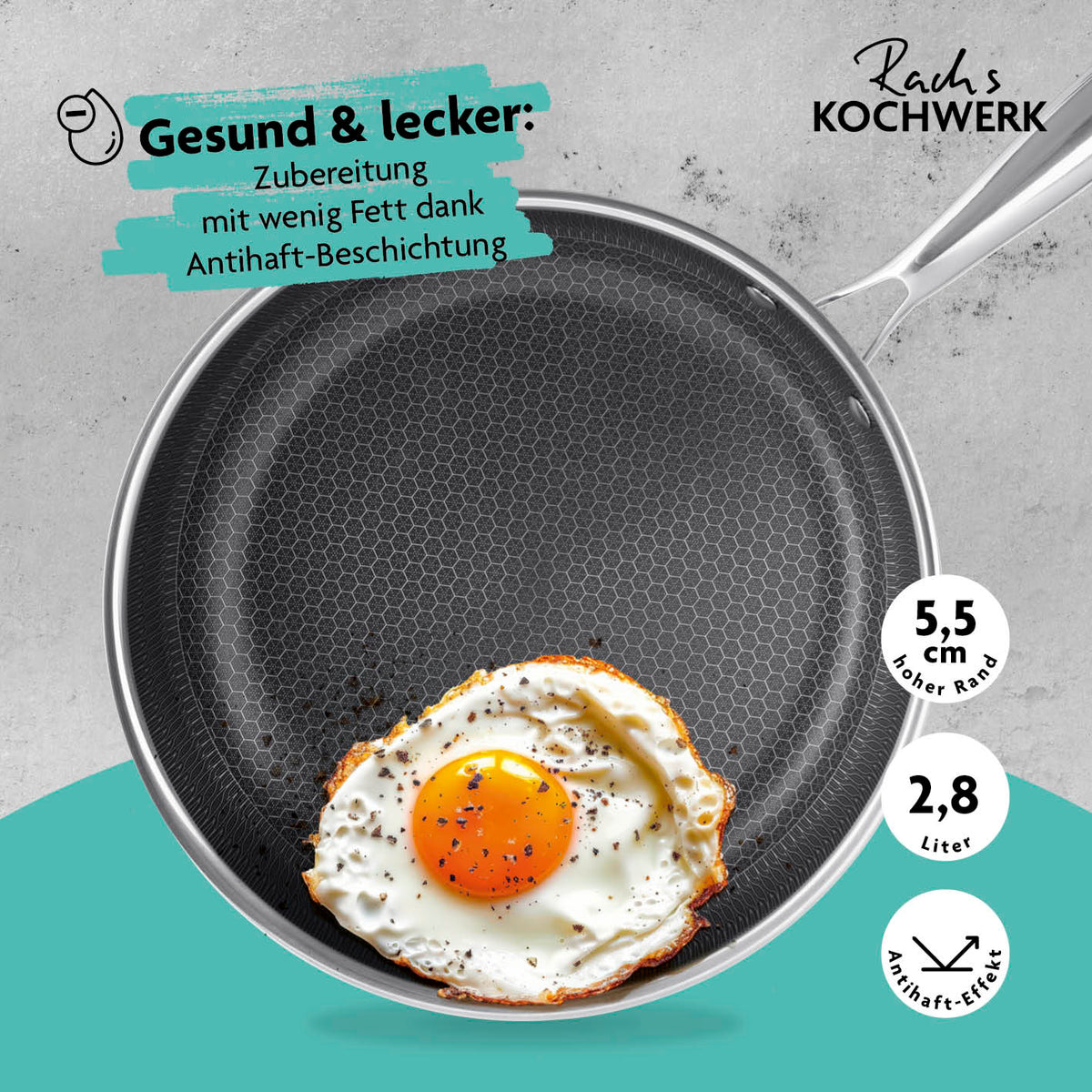 Edelstahl-Pfanne mit Wabenstruktur Ø 28 cm, kratzfest, antihaftbeschichtet, für fettarmes Braten auf allen Herdarten.