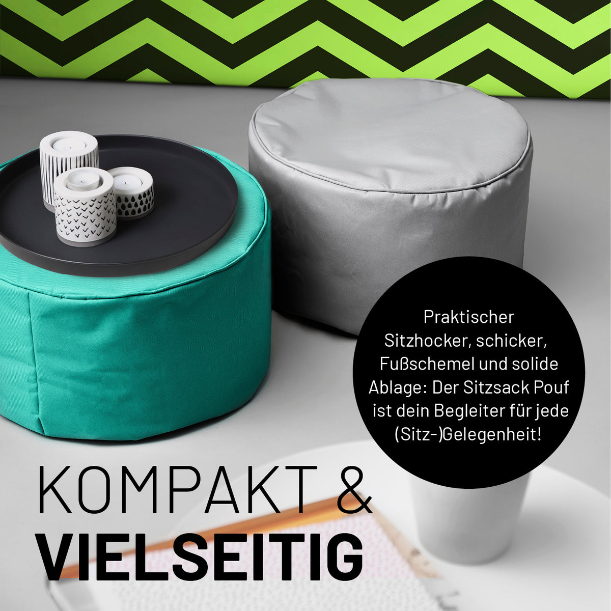 Sitzsack-Hocker/Pouf (50 L) in Türkis, multifunktional als Sitzhocker, Ablage & Fußschemel für indoor & outdoor, leicht und langlebig.