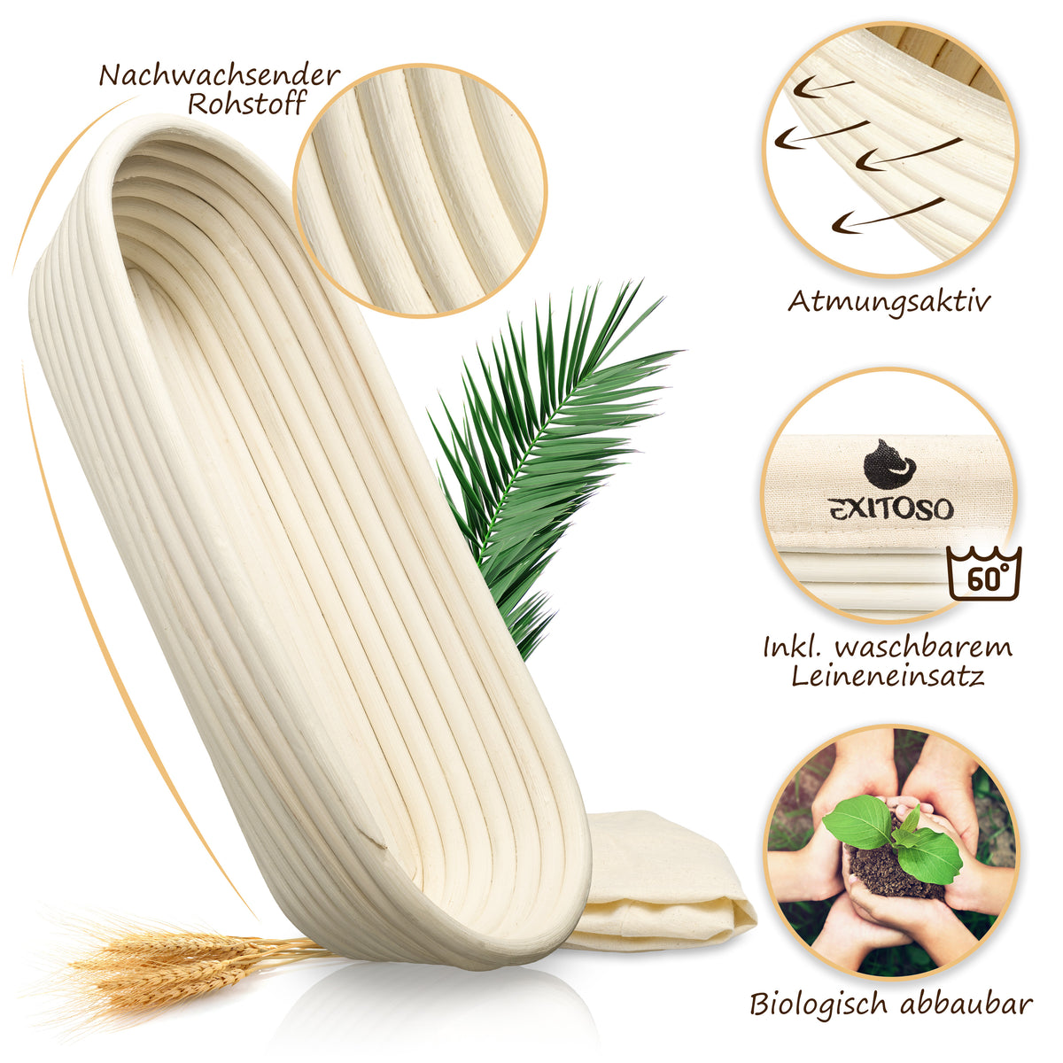 Gärkörbchen zum Brotbacken - Ø 35 cm aus atmungsaktivem Rattanfaser mit waschbarem Leineneinsatz, biologisch abbaubar.