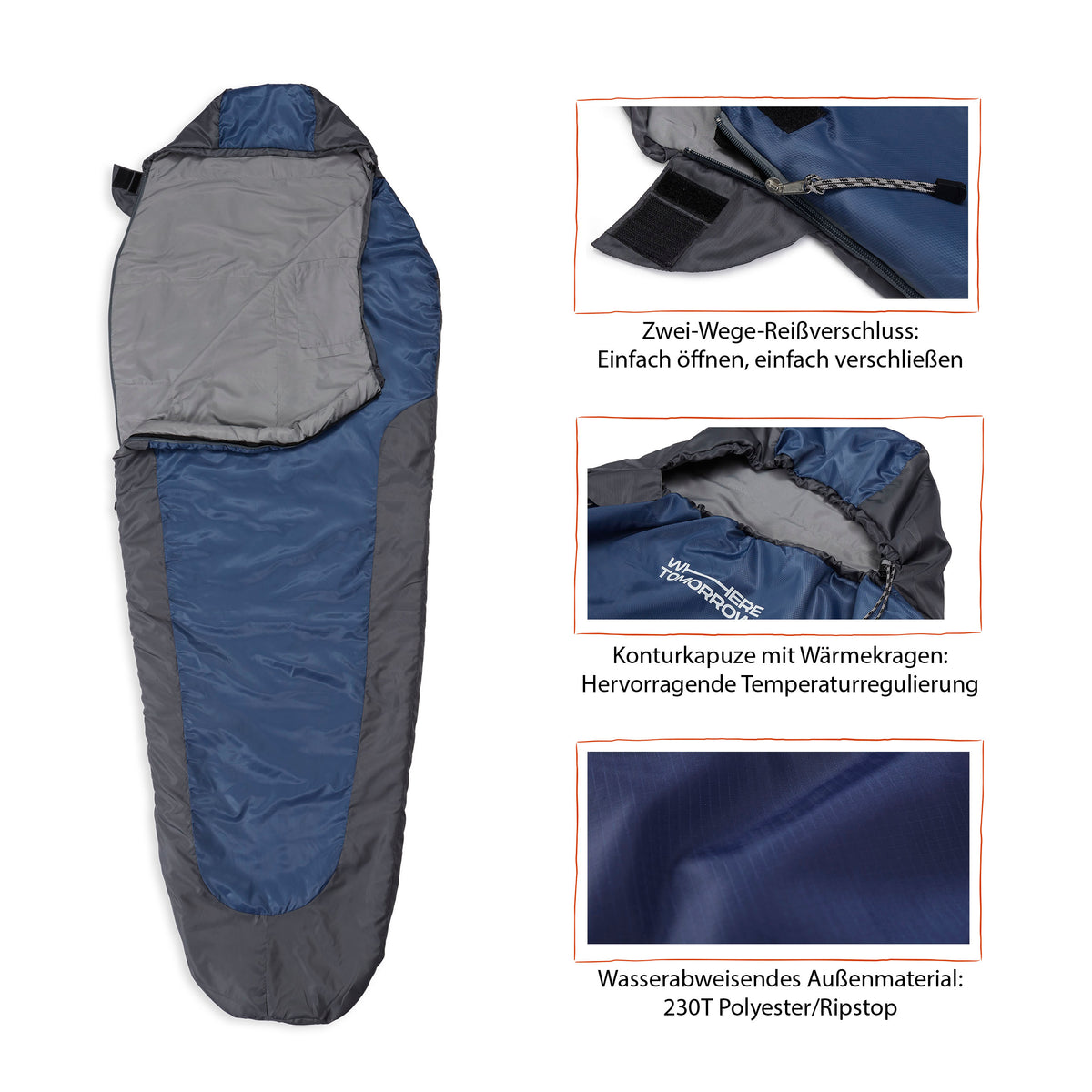 Camping Schlafsack Small & Light Mumienschlafsack grau-navyblau mit wasserdichtem Material, Konturkapuze, Wärmekragen und Packsack
