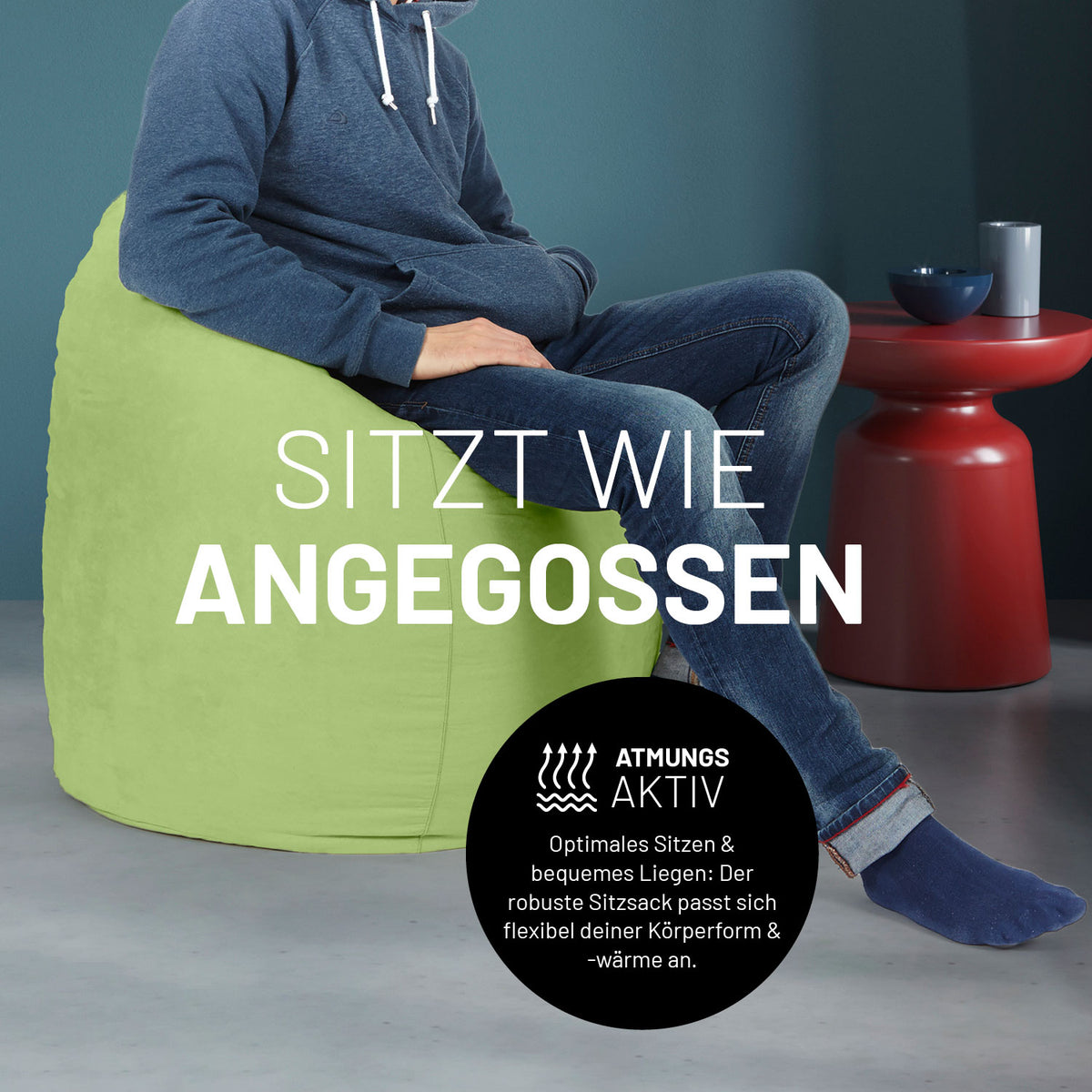 Luxury XL Sitzsack (120 L) - Grün, atmungsaktiv und bequem, ideal zum Sitzen und Entspannen im modernen Wohnraum.