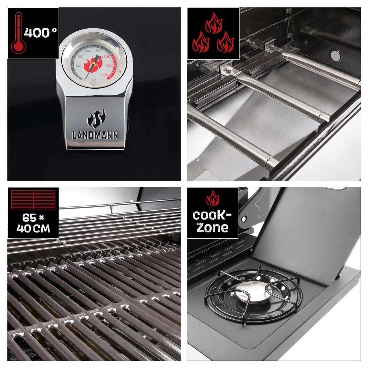 Gasgrill Rexon PTS 3.1 schwarz mit Edelstahl-Brennern, Seitenbrenner, Temperaturanzeige und emaillierten Grillrosten 65x40 cm.