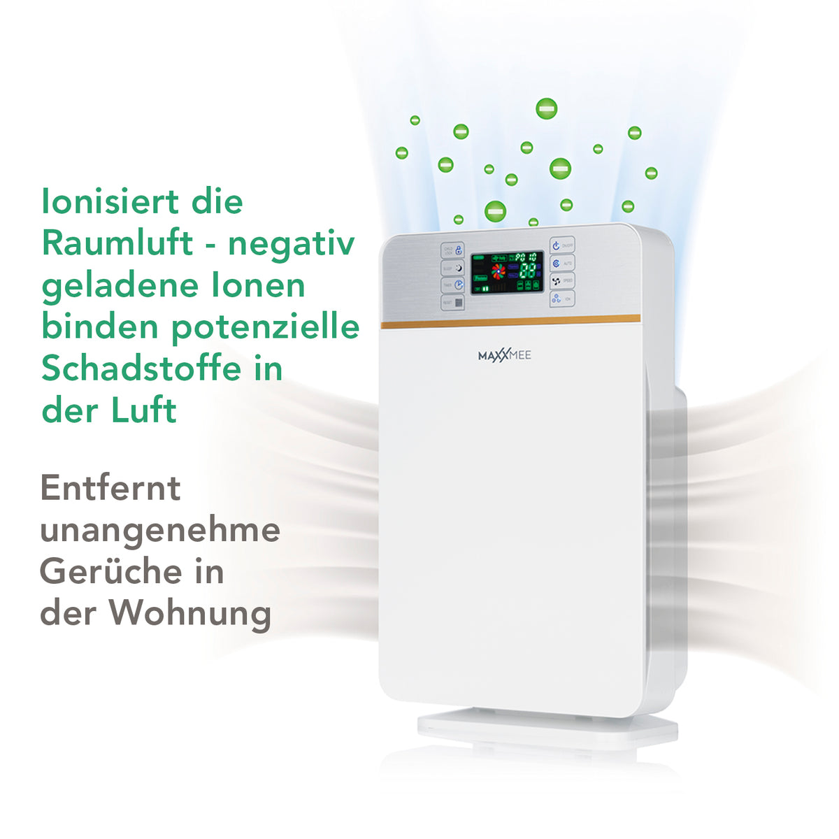 Digitaler-Luftreiniger mit 6-Stufen-Filtersystem, Ionisierungsfunktion und geräuscharmem Schlafmodus für saubere Raumluft.
