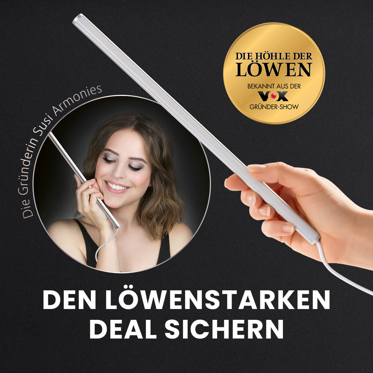 LED-Spiegelleuchte 5-in-1 Glamour Edition mit dimmbaren Tageslichtern und elegantem Textilkabel für perfektes Make-up.