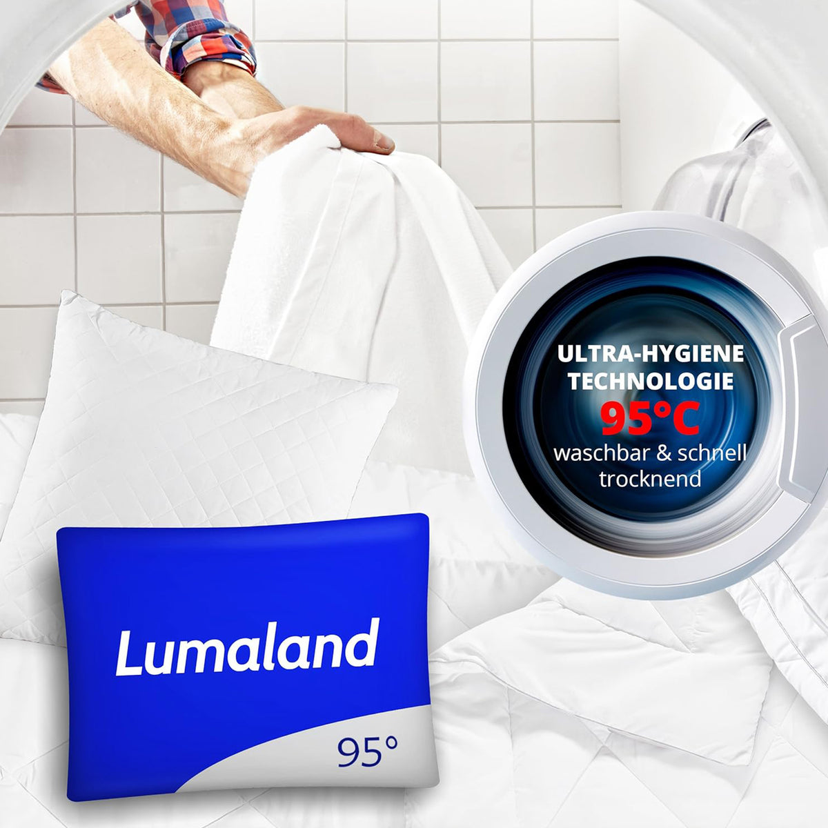 Kopfkissen - 40 x 80 cm - Füllgewicht 800 g von Lumaland, waschbar bis 95 °C, hygienisch und schnell trocknend.