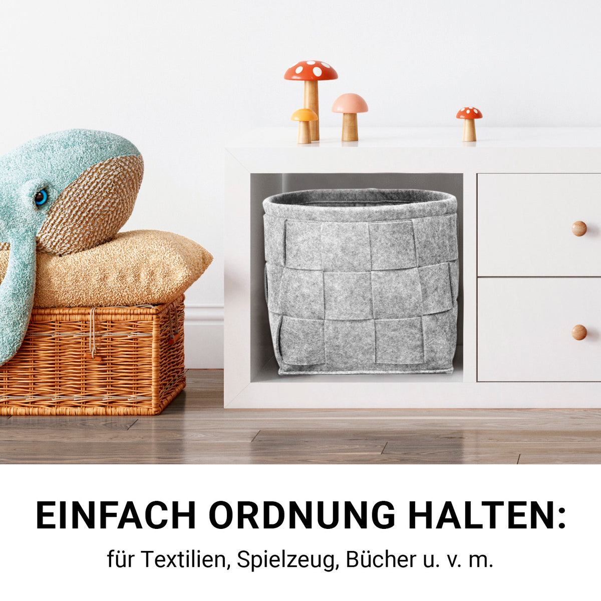 Filz-Aufbewahrungskorb M - 32 x 32 x 32 cm - Hellgrau, moderner, faltbarer Korb aus strapazierfähigem Filz im Scandi Style.