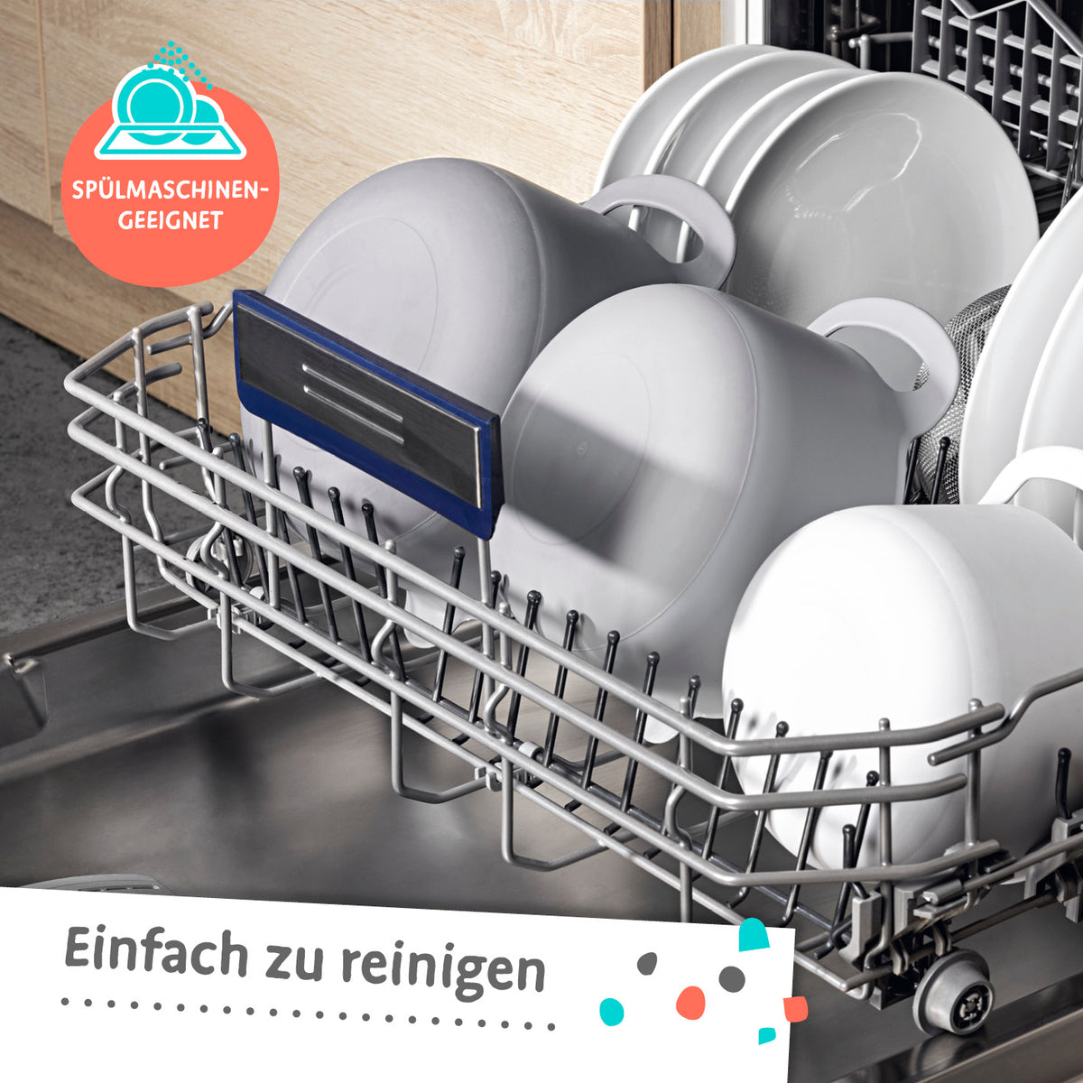 Schüssel-Set 4-tlg. in Grautönen, stapelbar mit Griff und Ausgießer, spülmaschinengeeignet für einfache Reinigung.