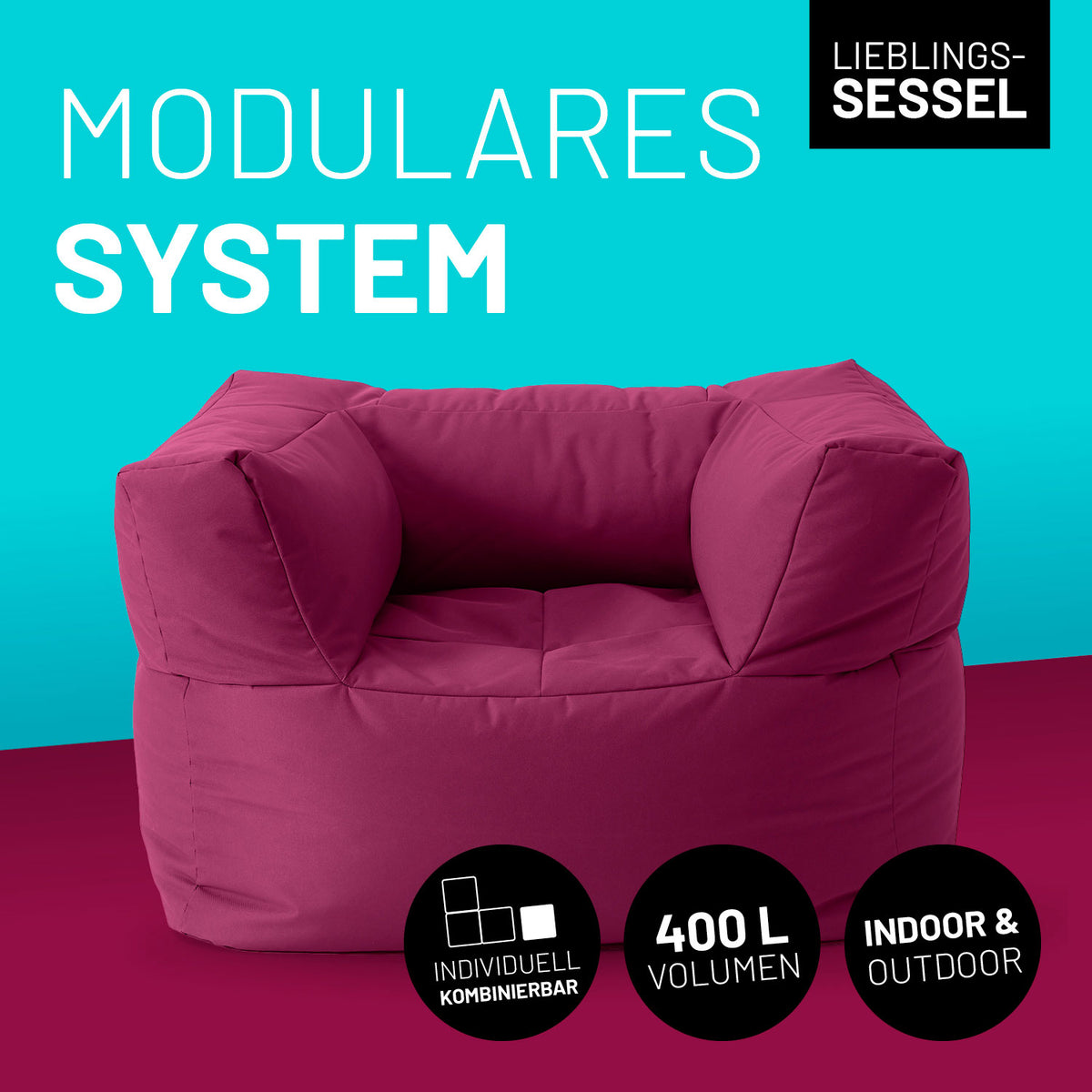 Sitzsack-Sofa Sessel (400 L) - Modulares System - indoor & outdoor - Rotwein, extragroß, modular, wetterfest und bequem gestaltet.
