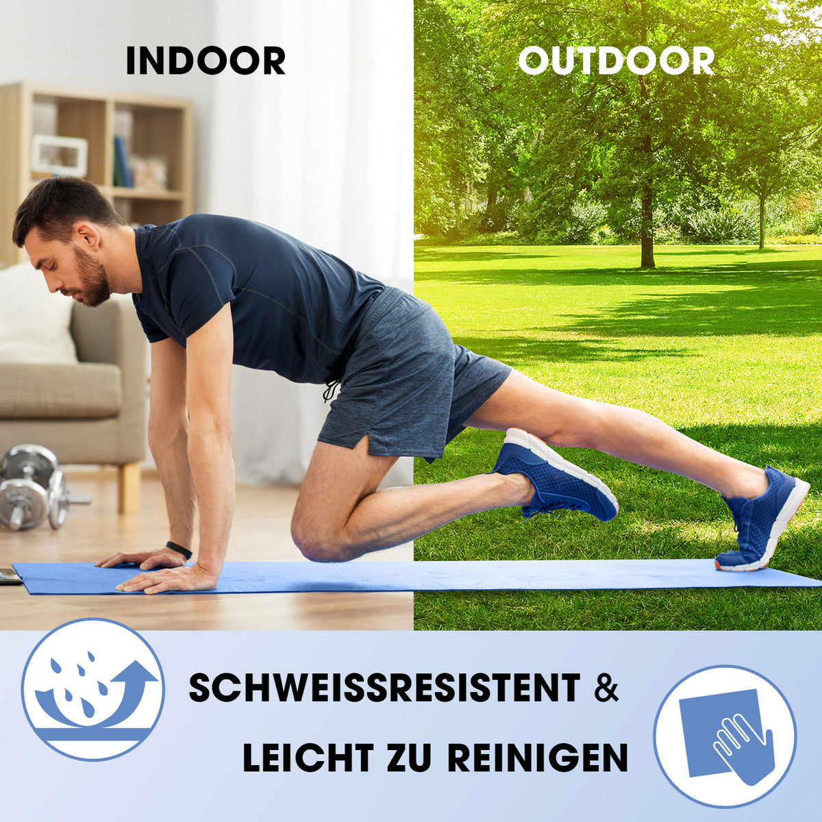 Fitness- und Gymnastikmatte - 183 x 61 x 2 cm - Blau, rutschfest und robust für Indoor & Outdoor Training, leicht zu reinigen.