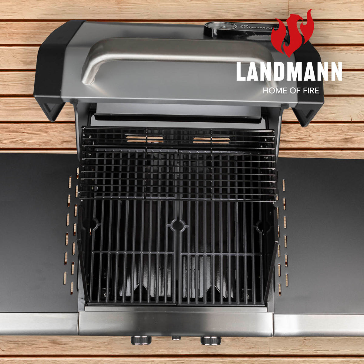 Gasgrill Triton PTS 2.0 silber mit 2 Edelstahl-Brennern, emailliertem Gusseisen-Grillrost und Temperaturanzeige im Deckel.