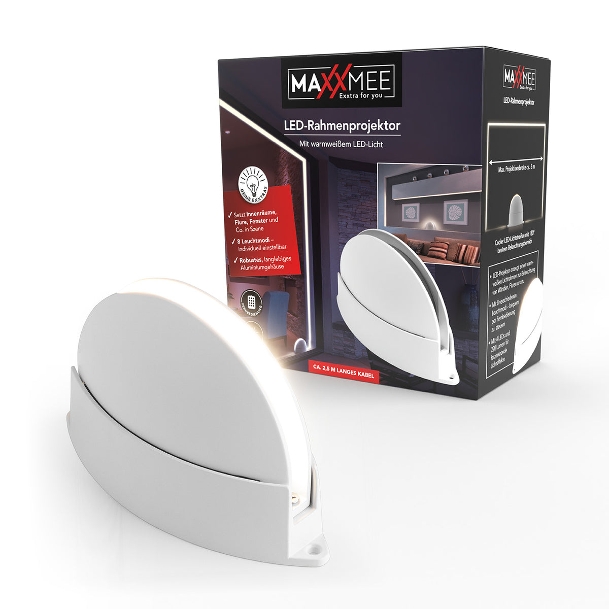 LED-Rahmen-Projektor - weiß mit warmweißem LED-Licht, 8 Leuchtmodi, Fernbedienung, Aluminiumgehäuse, 220 Lumen für Innenräume.