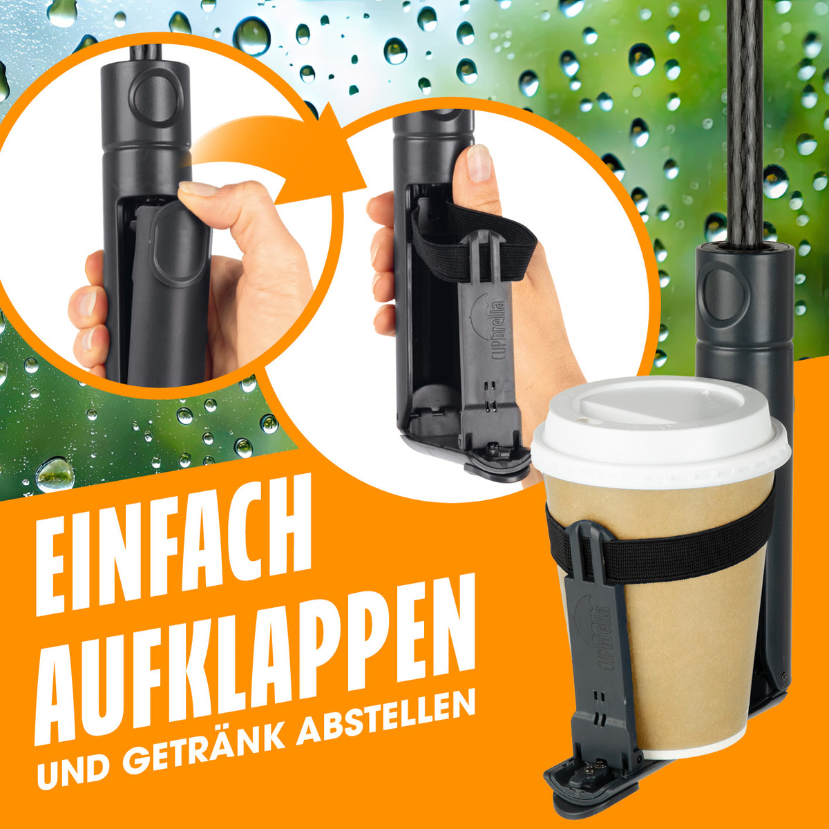 Regenschirm mit Getränkehalter zeigt praktische Halterung für Becher, lässt sich einfach aufklappen und sicher befestigen.