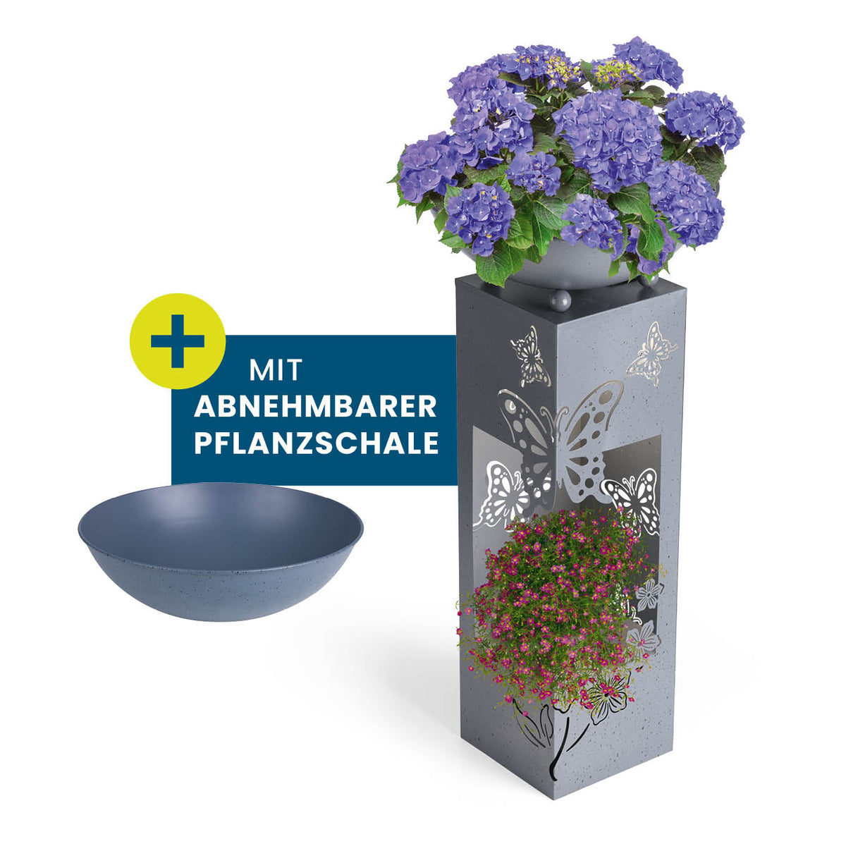 LED Pflanzsäule in 3D Beton-Optik mit abnehmbarer Pflanzschale und dekorativem Schmetterling-Design, batteriebetrieben und witterungsbeständig.