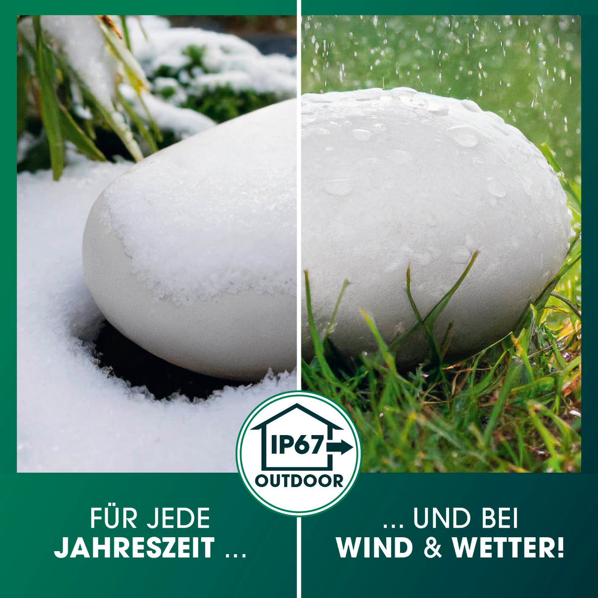 Solar-Leuchte Stein mit Farbwechsel - 2er-Set zeigt robuste Steinoptik, wetterfest und geeignet für alle Jahreszeiten und Bedingungen.