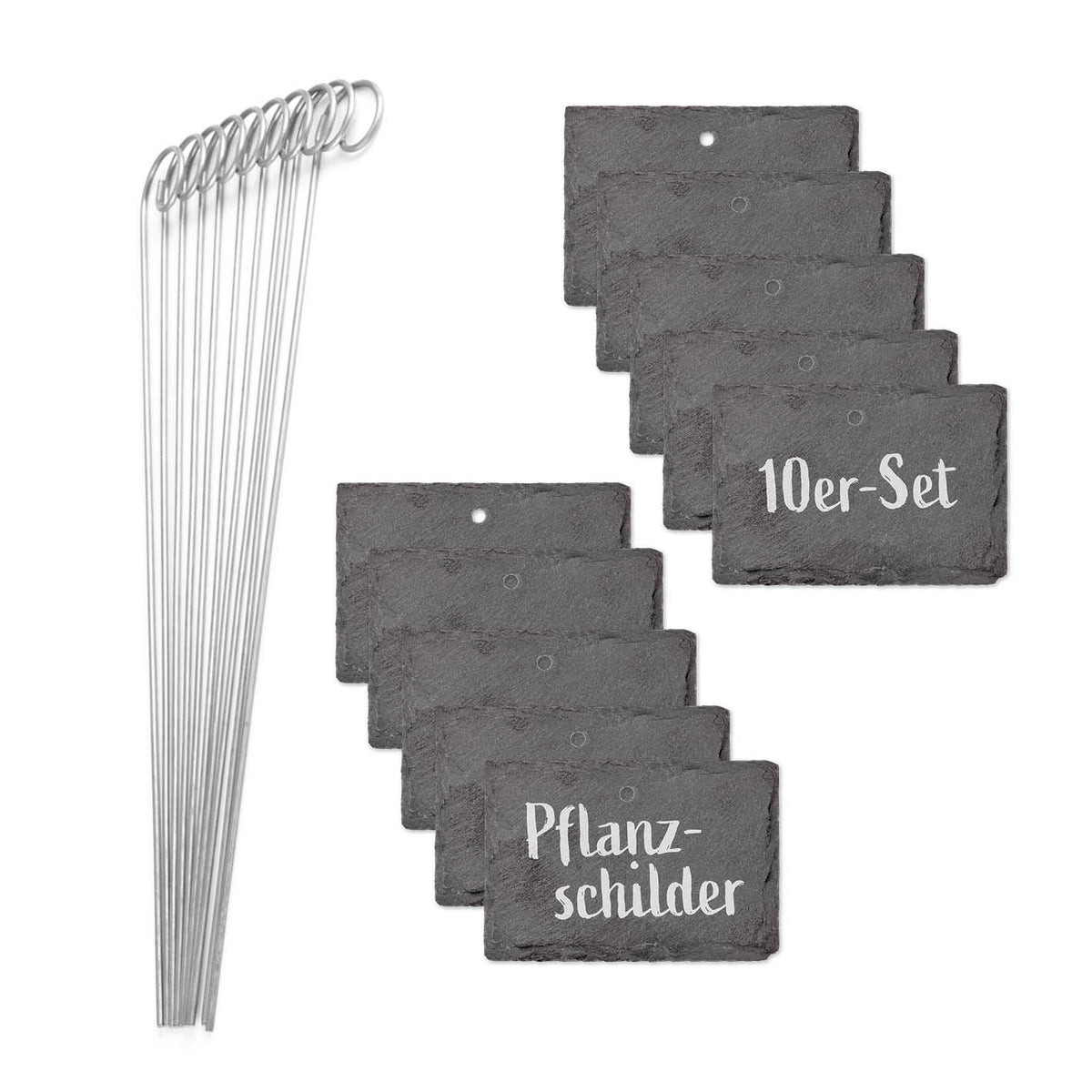 Schiefer-Pflanzschilder 10er Set 10 x 7 x 40 cm mit 10 Erdspießen aus robustem, witterungsbeständigem Material zum Pflanzenkennzeichnen.