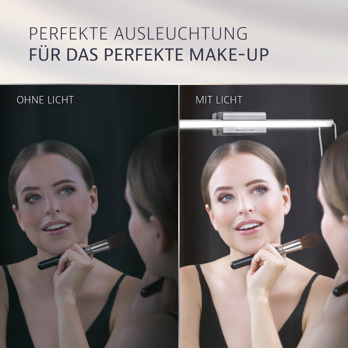LED-Spiegelleuchte 5-in-1 Glamour Edition zeigt perfektes Make-up mit natürlicher Tageslichtausleuchtung und dimmbarer Helligkeit am Spiegel.
