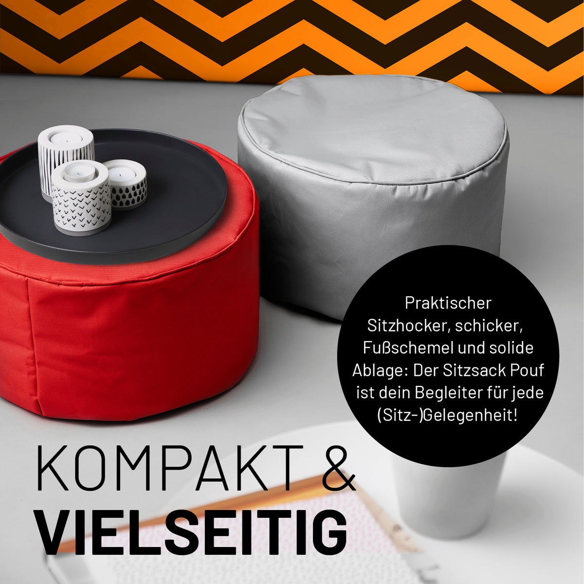 Sitzsack-Hocker/Pouf (50 L) in Rot und Grau, multifunktional als Sitzhocker, Ablage & Fußschemel für Indoor & Outdoor.