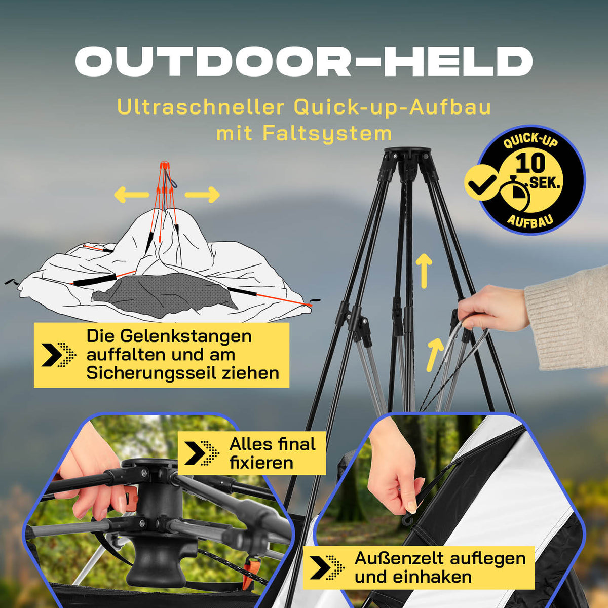 Pop-up-Wurfzelt für 4 Personen mit Kühleffekt - weiß/schwarz, ultraschneller Aufbau in 10 Sekunden dank Faltsystem.