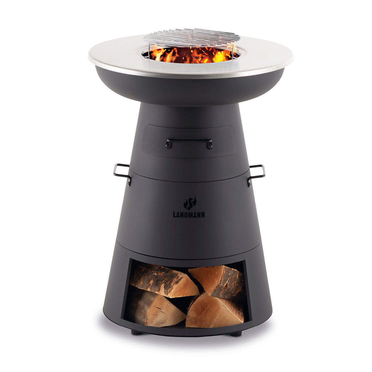 Holzkohlegrill mit Grillrost und Grillplatte, Tischgrill mit Edelstahlplatte, Kohleschublade und Holzlagerfach, dekorativ und funktional.