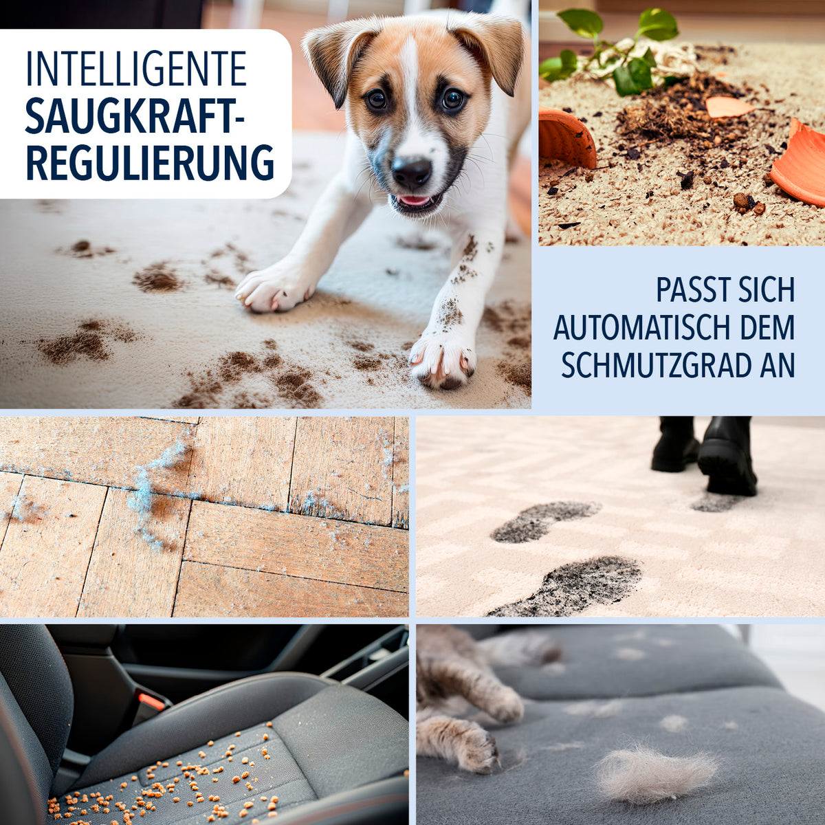 AeroTech 500 Staubsauger mit Absaugstation – Grau-Silber zeigt intelligente Saugkraftanpassung bei verschmutzten Oberflächen.