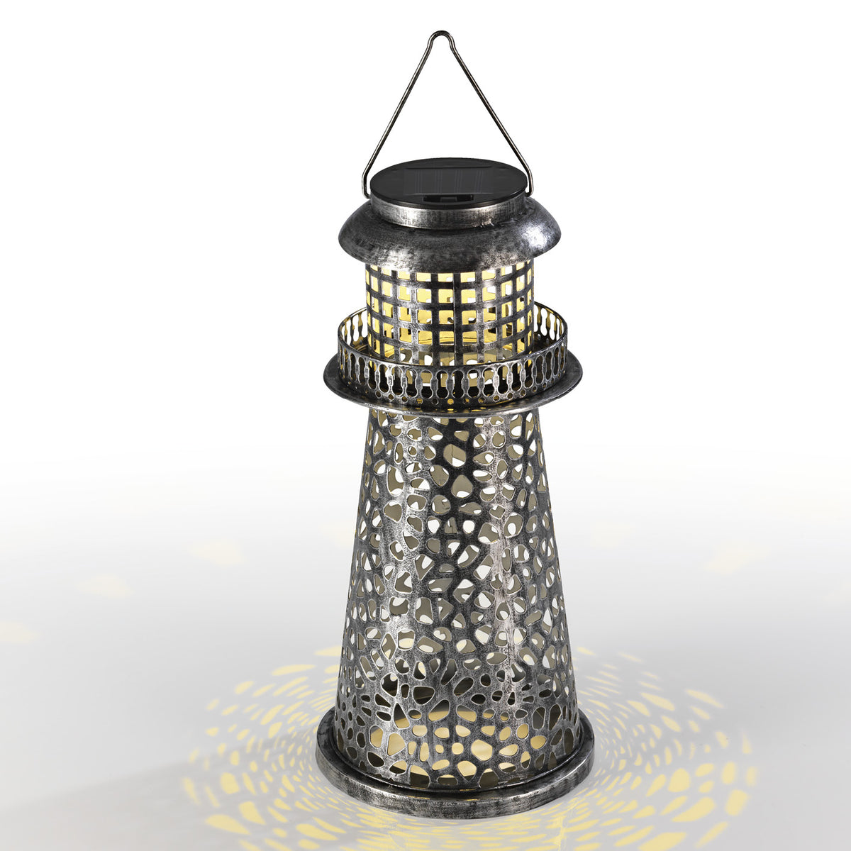 Solar-Leuchte Leuchtturm - silber, dekorative Solarlampe aus perforiertem Metall für Garten, Terrasse oder Balkon, kabellos und stromsparend.