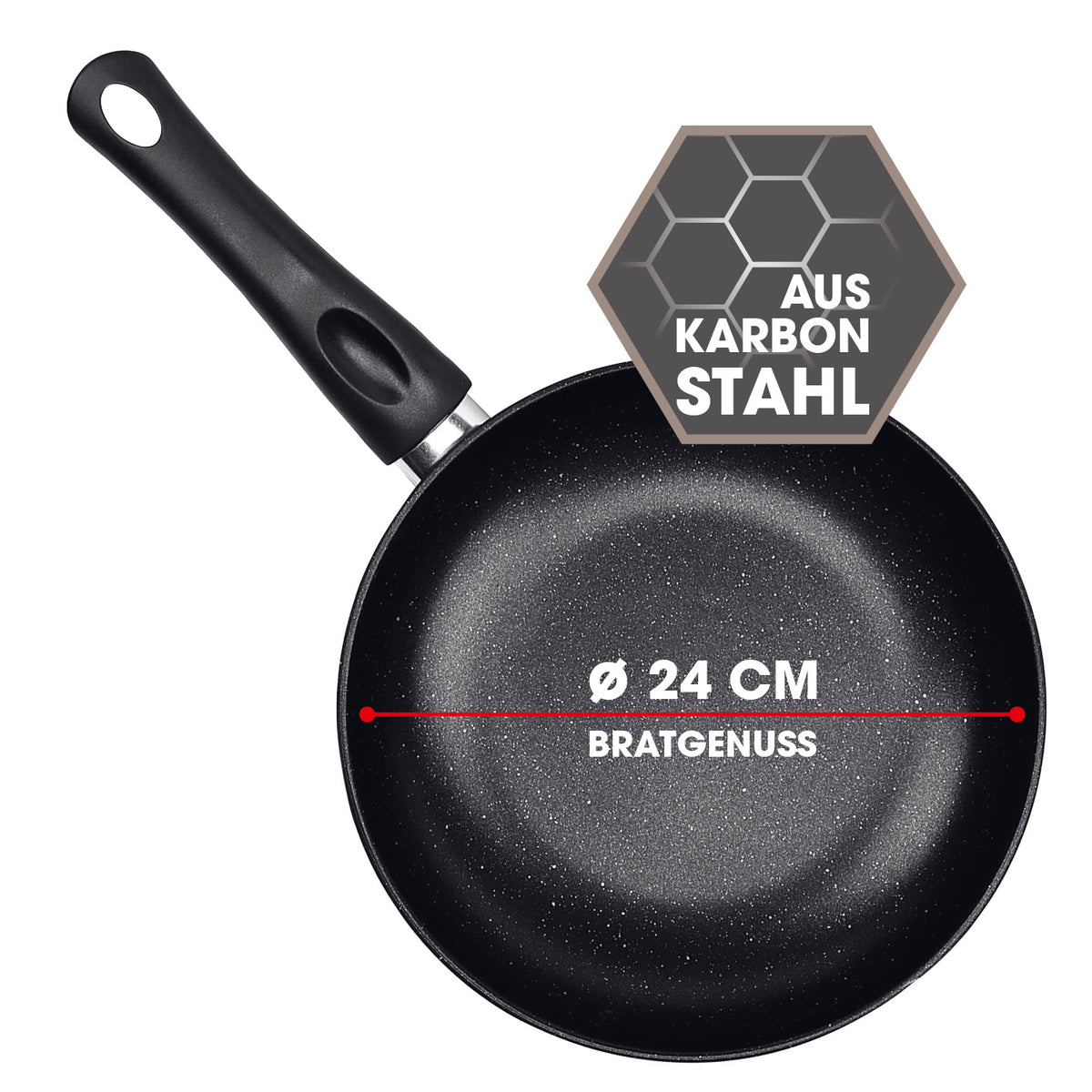 Karbonstahl-Bratpfanne Ø 24 cm mit doppelter Antihaftbeschichtung, geeignet für alle Herdarten, langlebig und designstark.