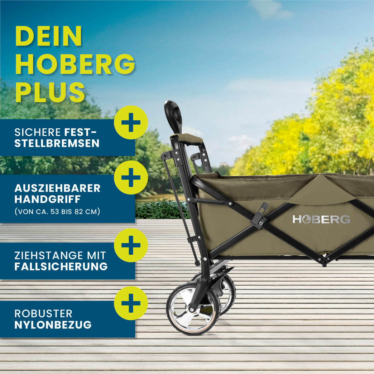 Faltbarer Bollerwagen - Beige mit ausziehbarem Griff, Fallsicherung, feststellbaren Bremsen und robustem Nylonbezug von HOBERG.