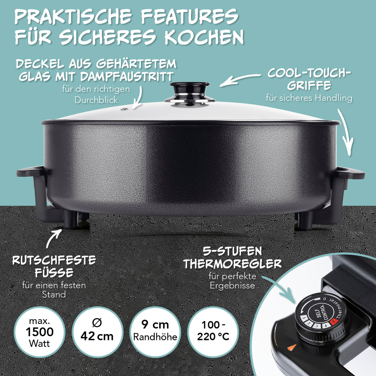 Elektrische Partypfanne - Ø 42 cm mit Glasdeckel, 5-Stufen Thermoregler, Cool-Touch-Griffen und rutschfesten Füßen für sicheres Kochen.