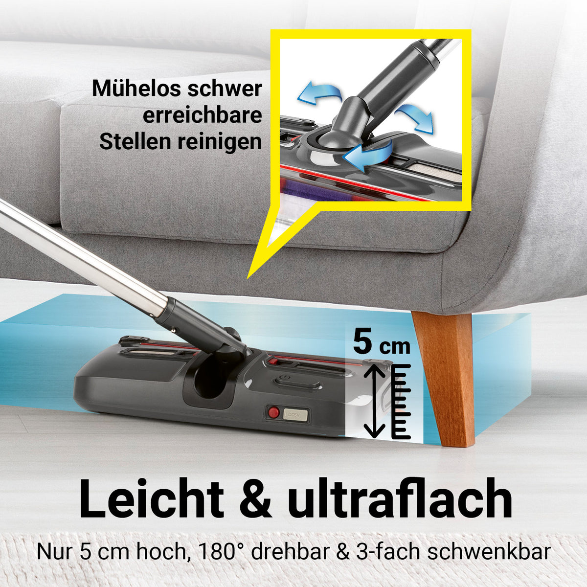 Akkubesen mit LED-Beleuchtung, ultraflach 5 cm, 180° drehbar, flexibel zum Reinigen unter Möbeln und schwer erreichbaren Stellen.