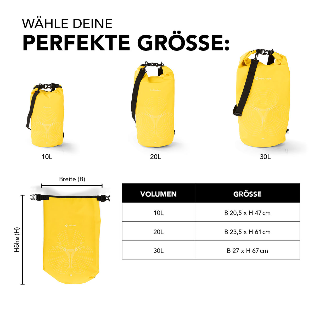 Dry Bag 10L - Gelb, wasserdichter Outdoor-Rucksack mit verstellbarem Schultergurt und robustem Rolltop-Verschluss für Abenteuer.