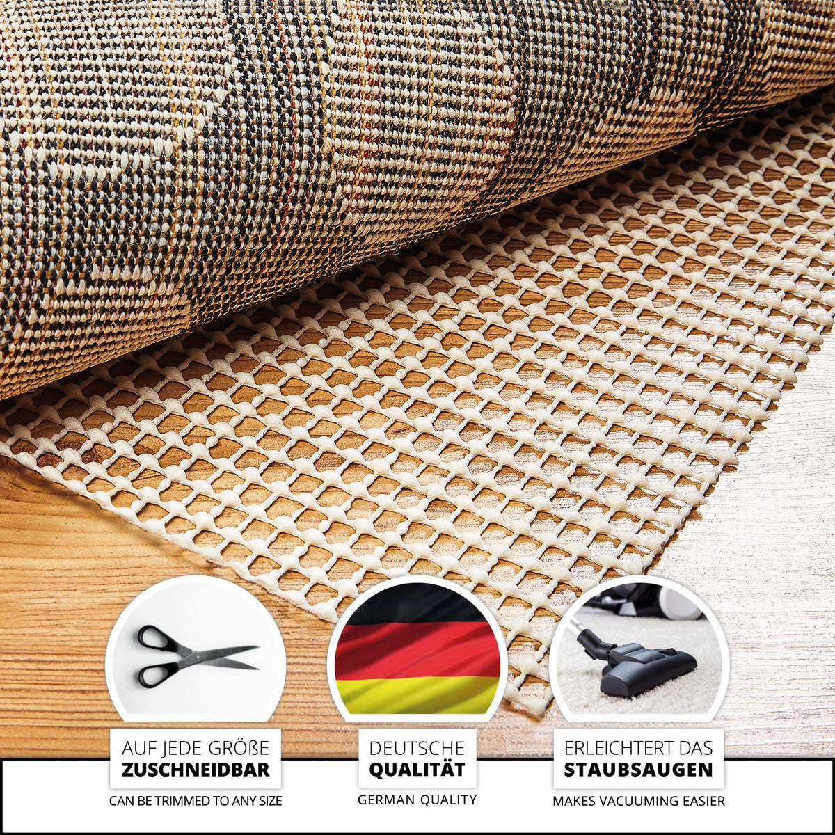 Teppichunterlage Antirutschmatte 180 x 290 cm - Zuschneidbar & Atmungsaktiv mit rutschfester, zuschneidbarer Struktur für glatte Böden.