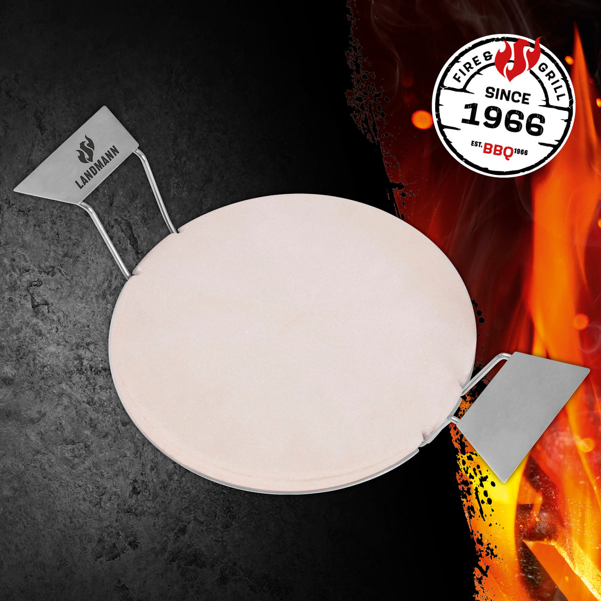 Pizzastein mit Edelstahleinsatz und Griffen, schnell aufheizbar, ideal für Gasgrills, Holzkohlegrills und Backöfen.