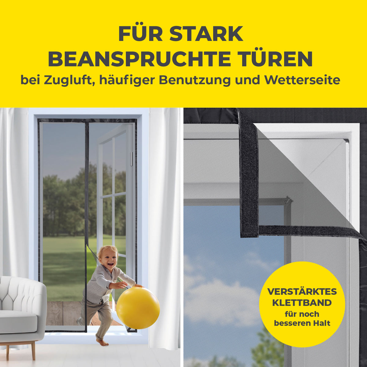 Insektenschutzvorhang mit eingenähten XXL-Magnetbändern - 100 x 210 cm - Schwarz, strapazierfähig mit verstärktem Klettband.