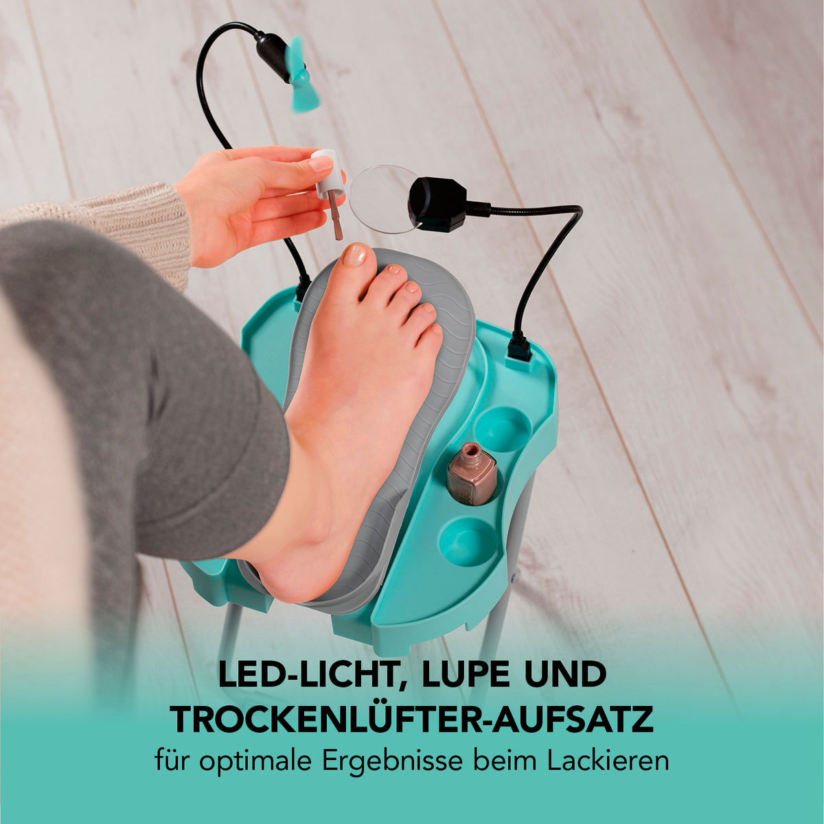 Fußstütze Pediküre Salon Step - mint/weiß mit verstellbarer Fußablage, LED-Licht, Lupe und USB-Trockenlüfter-Aufsatz für Pediküre.