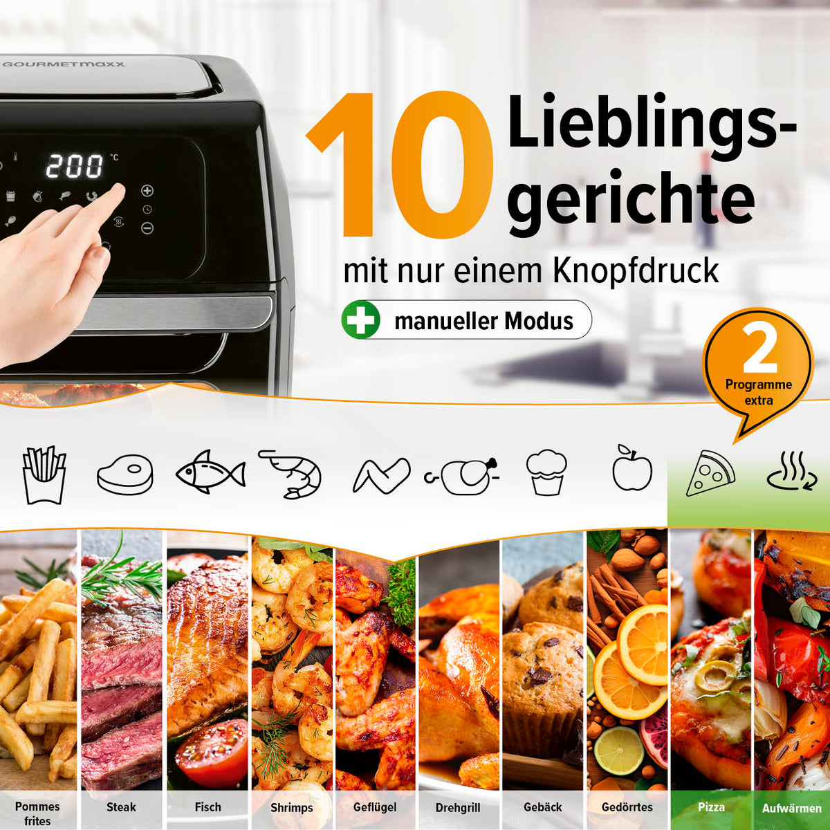 Digitale Heißluftfritteuse - 12 l - Schwarz mit 10 Programmen, Touchdisplay und Drehspieß für fettarmes, vielfältiges Kochen.